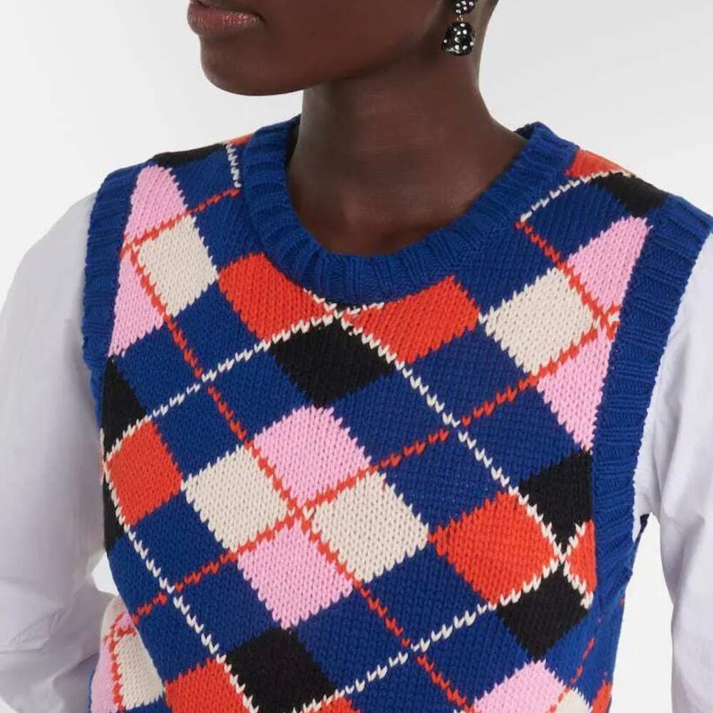 GANNI Graphic Cotton Crewneck Argyle Vest In Sodalite Blue, size small